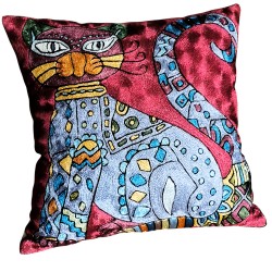 Coussin chat en soie brodé